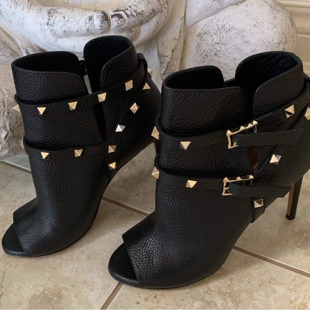 Valentino Rockstud Leather Peep-Toe Booties
